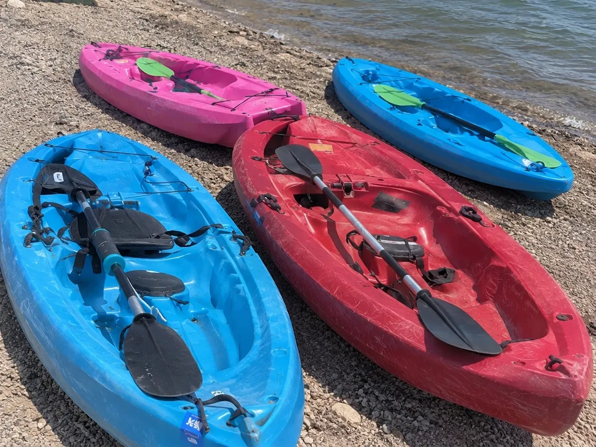 2 adult kayaks and 2 youth kayaks on the beach