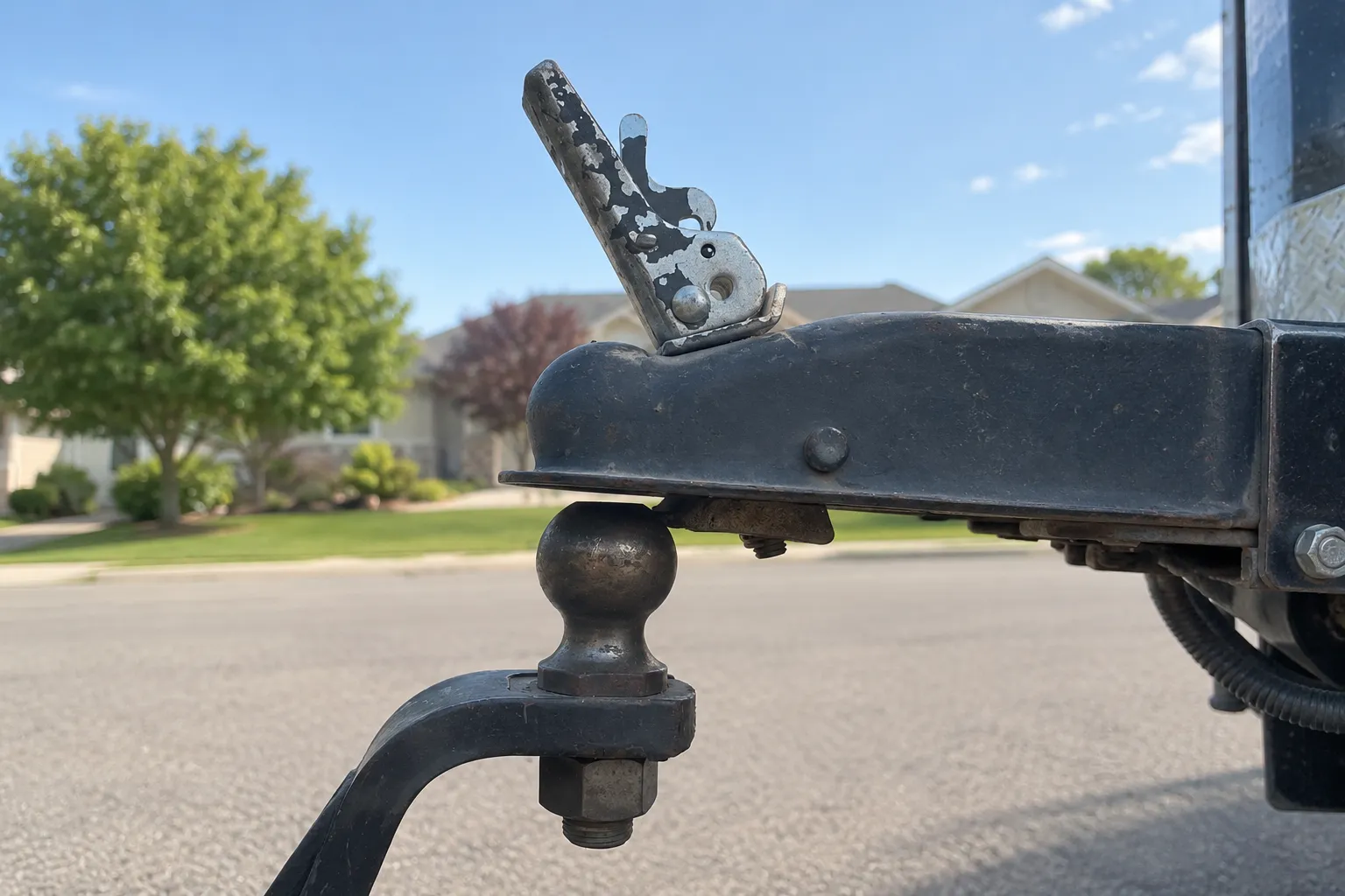 Close-up of a trailer hitch and coupler positioned over a tow ball, showing the hardware used to connect the Water Party Pack trailer to your vehicle.